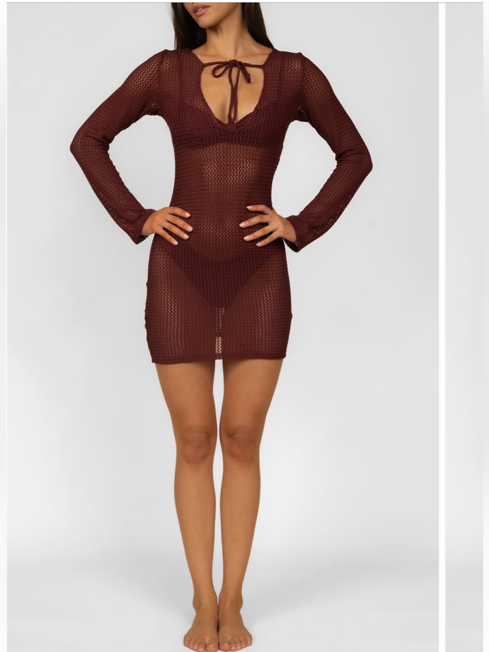 MONTCE Sophia Long-Sleeve Cover Up Mini dress Maroon Crochet Sz Large NWT